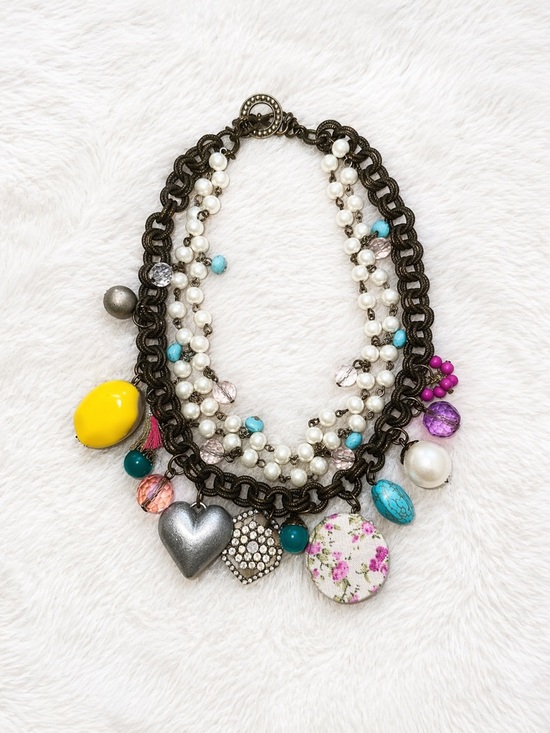 Plunder Jewelry - Plunder Statement Necklace Multi Charm Layered Chain Pearl Colorful Boho